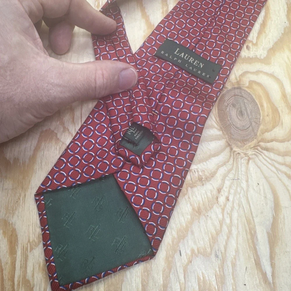 Ralph Lauren LRL Necktie Red Blue White Circle Print 100% Silk Classic Preppy‎